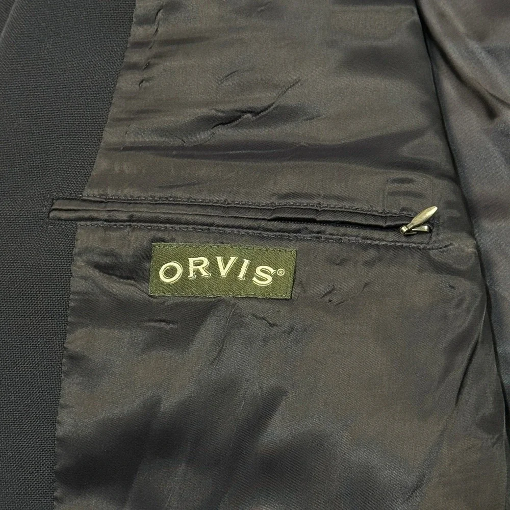Orvis Mens Navy Blue Wool Blend 3-Button Blazer‎ Sport Coat 50R USA Gold Buttons